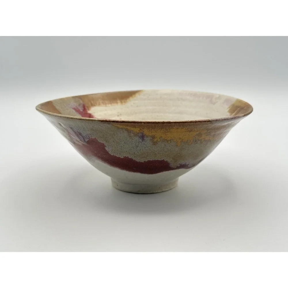 Artist‑Signed Handmade Pottery Bowl — Multicolor Earth‑Tone Glaze